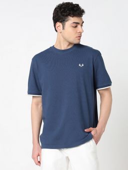 R&B - Men Cotton Navy Blue Crew Neck Solid Slim Half Sleeves T-Shirt