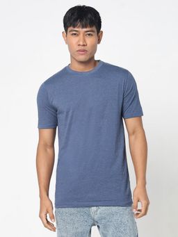 R&B - Men Cotton Crew Neck Solid Regular Blue Half Sleeves T-Shirt