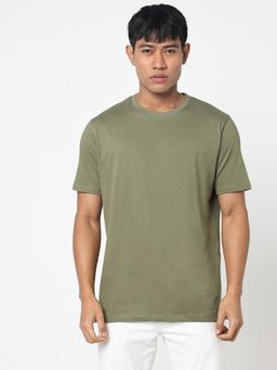 R&B - Men Green Cotton Solid Regular Half Sleeves T-Shirt