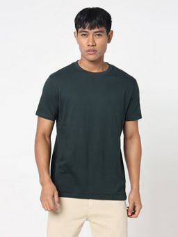 R&B - Men Cotton Solid Regular Half Sleeves Green T-Shirt