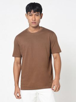 R&B - Men Cotton Crew Neck Solid Brown Regular Half Sleeves T-Shirt