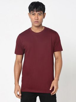 R&B - Men Cotton Maroon Crew Neck Solid Regular Half Sleeves T-Shirt