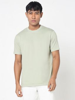 R&B - Men Cotton Green Crew Neck Solid Regular Half Sleeves T-Shirt