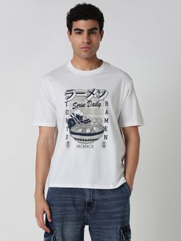 R&B - White Cotton Relaxed Fit Crew Neck Graphic Print Men T-Shirt