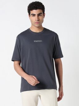 R&B - Men Cotton Charcoal Crew Neck Typography Relaxed Half Sleeves T-Shirt