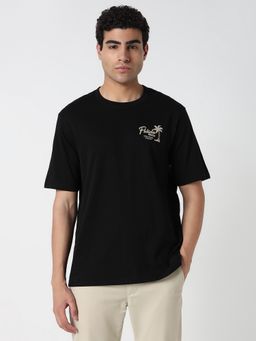 R&B - Black Cotton Relaxed Fit Black Crew Neck Typography Men T-Shirt