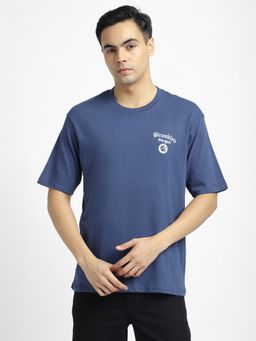 R&B - Blue Cotton Relaxed Fit Crew Neck Typography Blue Men T-Shirt