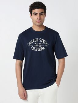 R&B - Men Cotton Navy Blue Crew Neck Typography Relaxed Half Sleeves T-Shirt