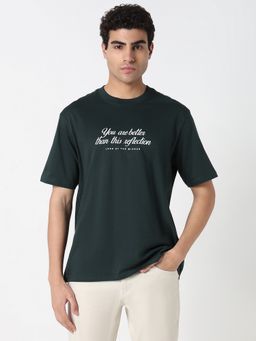 R&B - Men Cotton Green Crew Neck Printed Regular Half Sleeves T-Shirt