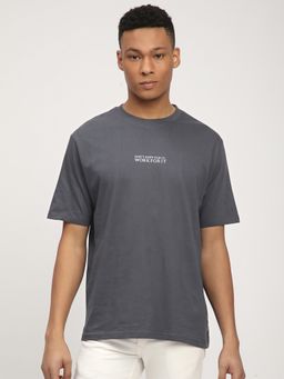 R&B - Men Cotton Charcoal Round Neck Printed Relaxed Half Sleeves T-Shirt