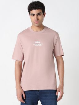 R&B - Pink Cotton Relaxed Fit Crew Neck Typographic Print Pink Men T-Shirt