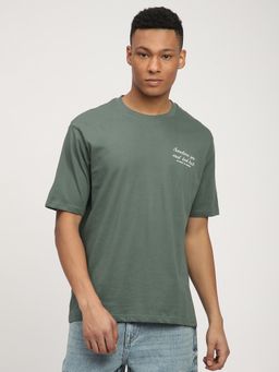 R&B - Green Cotton Relaxed Fit Crew Neck Typographic Print Green Men T-Shirt
