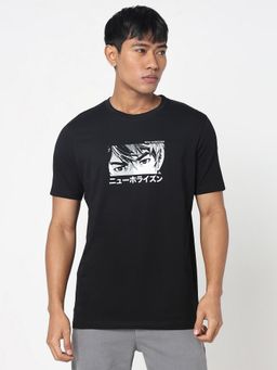 R&B - Black Cotton Crew Neck Graphic Print Men T-Shirt