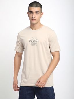 R&B - Cotton Regular Fit Crew Neck Typographic Print Beige Men T-Shirt