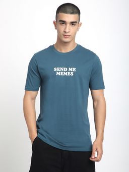 R&B - Cotton Regular Fit Crew Neck Typographic Print Blue Men T-Shirt