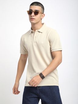 R&B - Beige Polycotton Regular Fit Collar Neck Solid Beige Men Polo T-Shirt