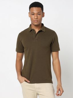 R&B - Olive Polycotton Regular Fit Collar Neck Solid Olive Green Men Polo T-Shirt