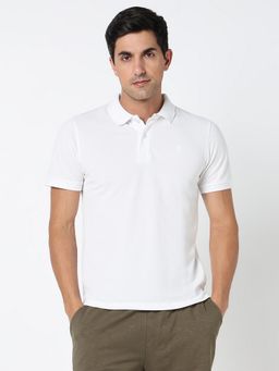 R&B - White Polycotton Regular Fit Collar Neck Solid White Men Polo T-Shirt