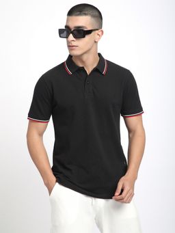 R&B - Black Polycotton Slim Fit Solid Men Polo T-Shirt