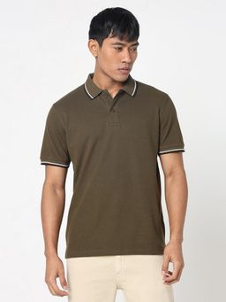 R&B - Olive Polycotton Slim Fit Collar Neck Solid Men Polo T-Shirt