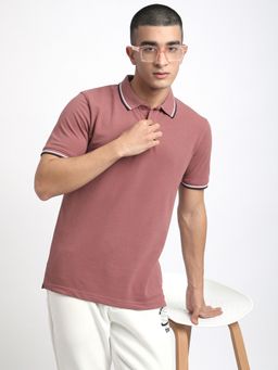 R&B - Mauve Polycotton Collar Neck Slim Fit Solid Men Polo T-Shirt