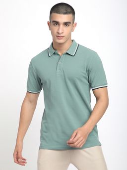 R&B - Green Polycotton Slim Fit Solid Collar Neck Men Polo T-Shirt