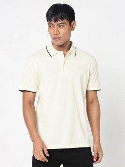 R&B - Cream Polycotton Slim Fit Solid Collar Neck Men Polo T-Shirt
