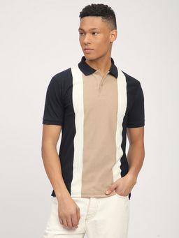 R&B - Navy Blue Polycotton Regular Fit Colorblock Men Polo T-Shirt