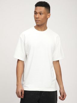 R&B - Off White Polyester Crew Neck Textured Men T-Shirt