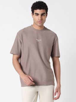 R&B - Taupe Cotton Relaxed Fit Crew Neck Textured Men T-Shirt