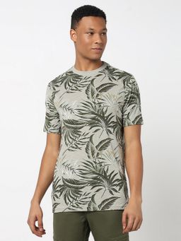 R&B - Green Cotton Regular Fit Crew Neck Printed Men T-Shirt