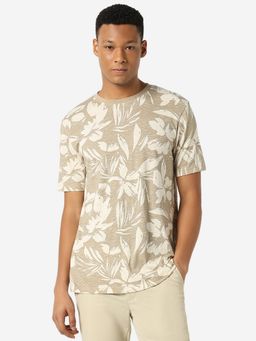 R&B - Men Cotton Beige Crew Neck Floral Regular Half Sleeves T-Shirt