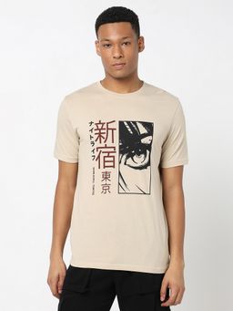 R&B - Beige Cotton Crew Neck Graphic Print Men T-Shirt