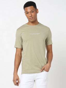 R&B - Green Cotton Regular Fit Crew Neck Typographic Print Men T-Shirt