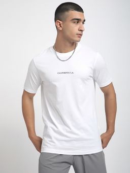 R&B - White Cotton Regular Fit Crew Neck White Typographic Print Men T-Shirt