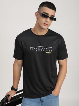 R&B - Polyester Regular Fit Black Crew Neck Typographic Print Men T-Shirt