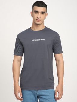 R&B - Charcoal Polyester Crew Neck Typographic Print Men T-Shirt