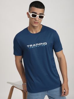 R&B - Navy Blue Polyester Regular Fit Crew Neck Typographic Print Men T-Shirt