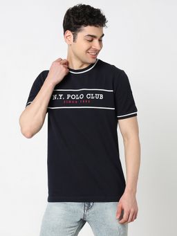 R&B - Men Cotton Navy Blue Crew Neck Typography Regular Half Sleeves T-Shirt