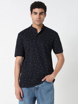 R&B - Navy Blue Cotton Mandarin Neck Printed Short Sleeve Men T-Shirt