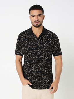 R&B - Men Cotton Black Collar Neck Printed Regular Half Sleeves Polo T-Shirt