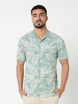 R&B - Men Cotton Green Collar Neck Printed Slim Half Sleeves Polo T-Shirt