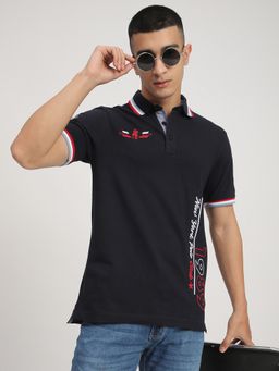 R&B - Men Cotton Navy Blue Collar Neck Printed Regular Half Sleeves Polo T-Shirt