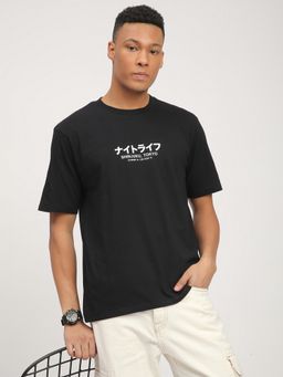 R&B - Black Cotton Relaxed Fit Crew Neck Typographic Print Black Men T-Shirt