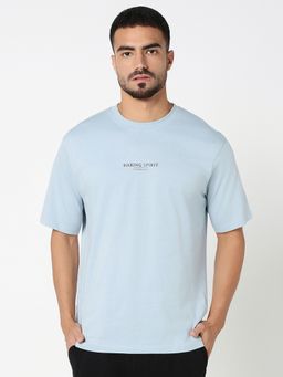 R&B - Blue Cotton Relaxed Fit Crew Neck Typographic Print Blue Men T-Shirt