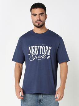R&B - Navy Blue Cotton Crew Neck Typographic Print Men T-Shirt