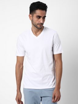 R&B - White Cotton Solid Casual Men T-Shirt