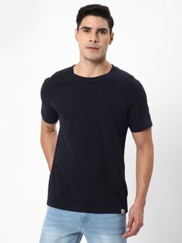 R&B - Navy Blue Textured Casual Men T-Shirt