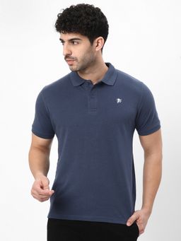 R&B - Navy Blue Cotton Regular Fit Collar Neck Solid Short Sleeve Men Polo T-Shirt