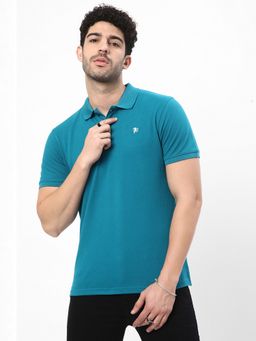 R&B - Teal Cotton Regular Fit Solid Collar Neck Short Sleeve Men Polo T-Shirt